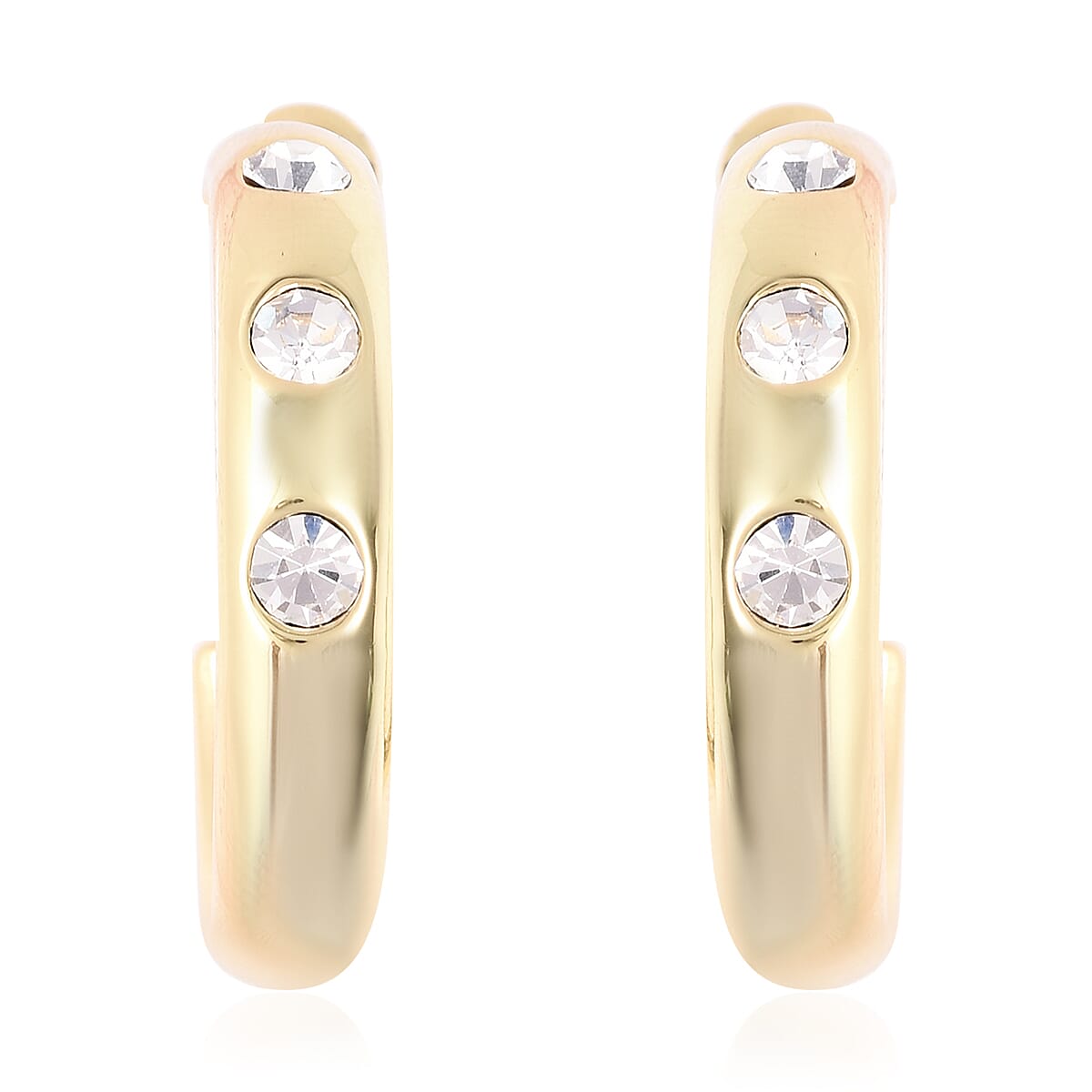 White Austrian Crystal Flush Set Hoop Earrings (with Clasp) in Yellow Gold Tone