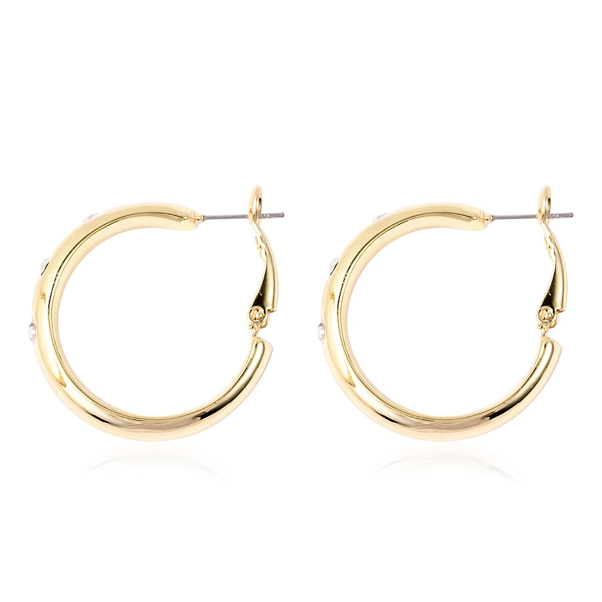 White Austrian Crystal Flush Set Hoop Earrings (with Clasp) in Yellow Gold Tone