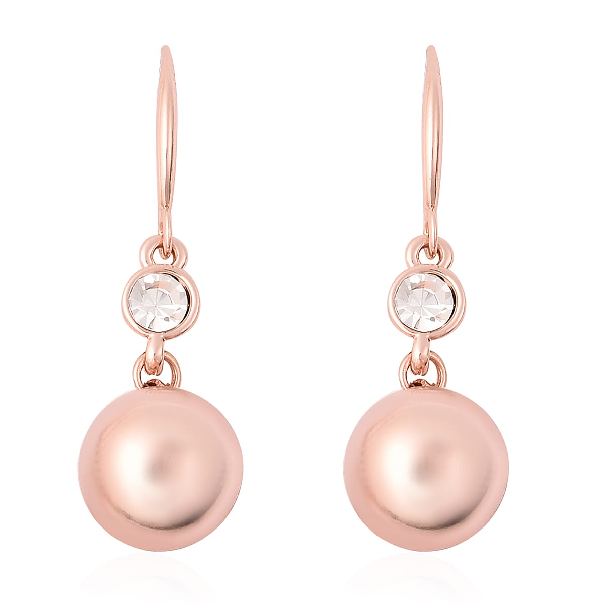 White Austrian Crystal Ball Drop Hook Earrings in Rose Gold Tone
