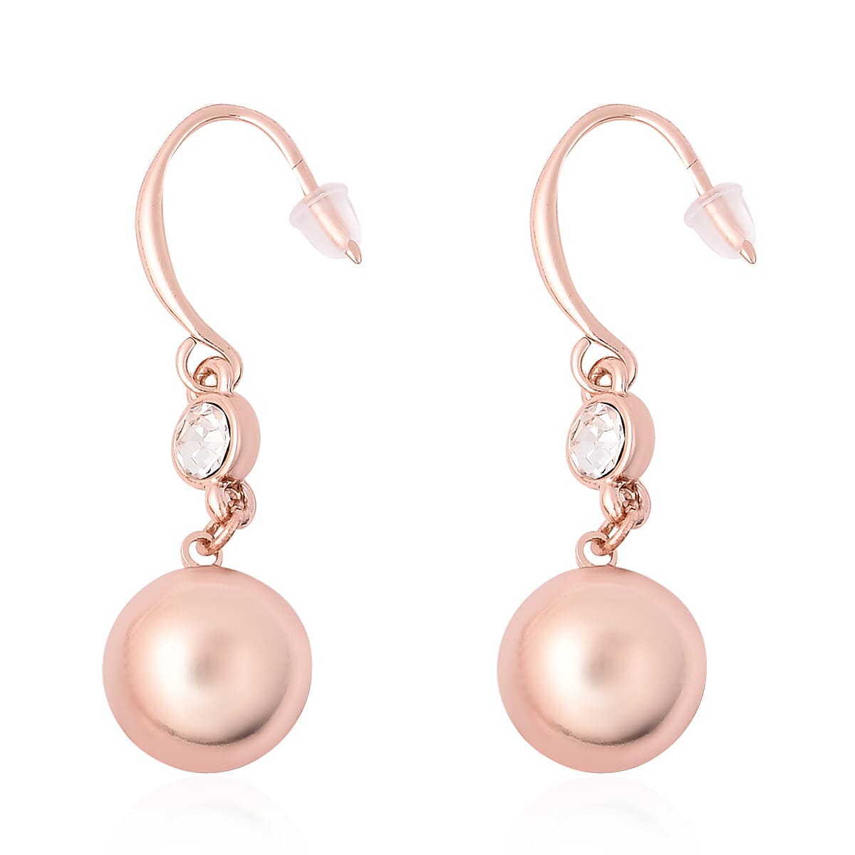White Austrian Crystal Ball Drop Hook Earrings in Rose Gold Tone