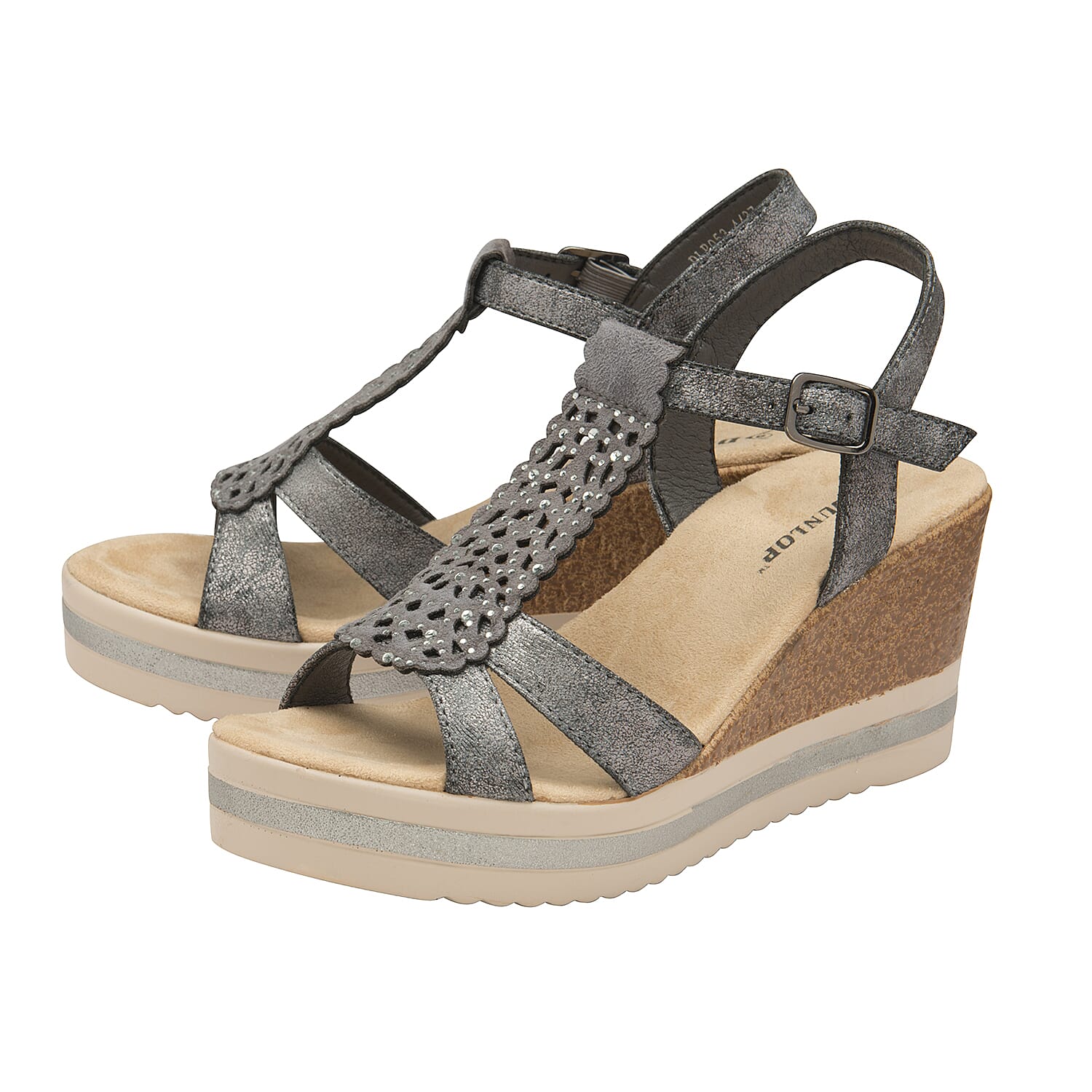 Dunlop Kassie T Bar Wedge Heeled Sandals (Size 3) - Pewter