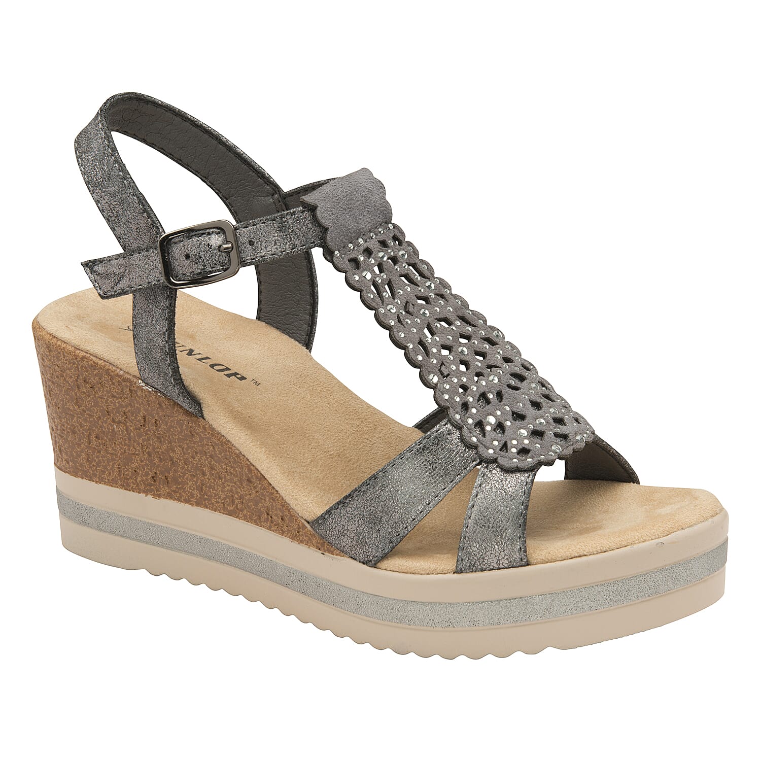 Dunlop Kassie T Bar Wedge Heeled Sandals (Size 3) - Pewter
