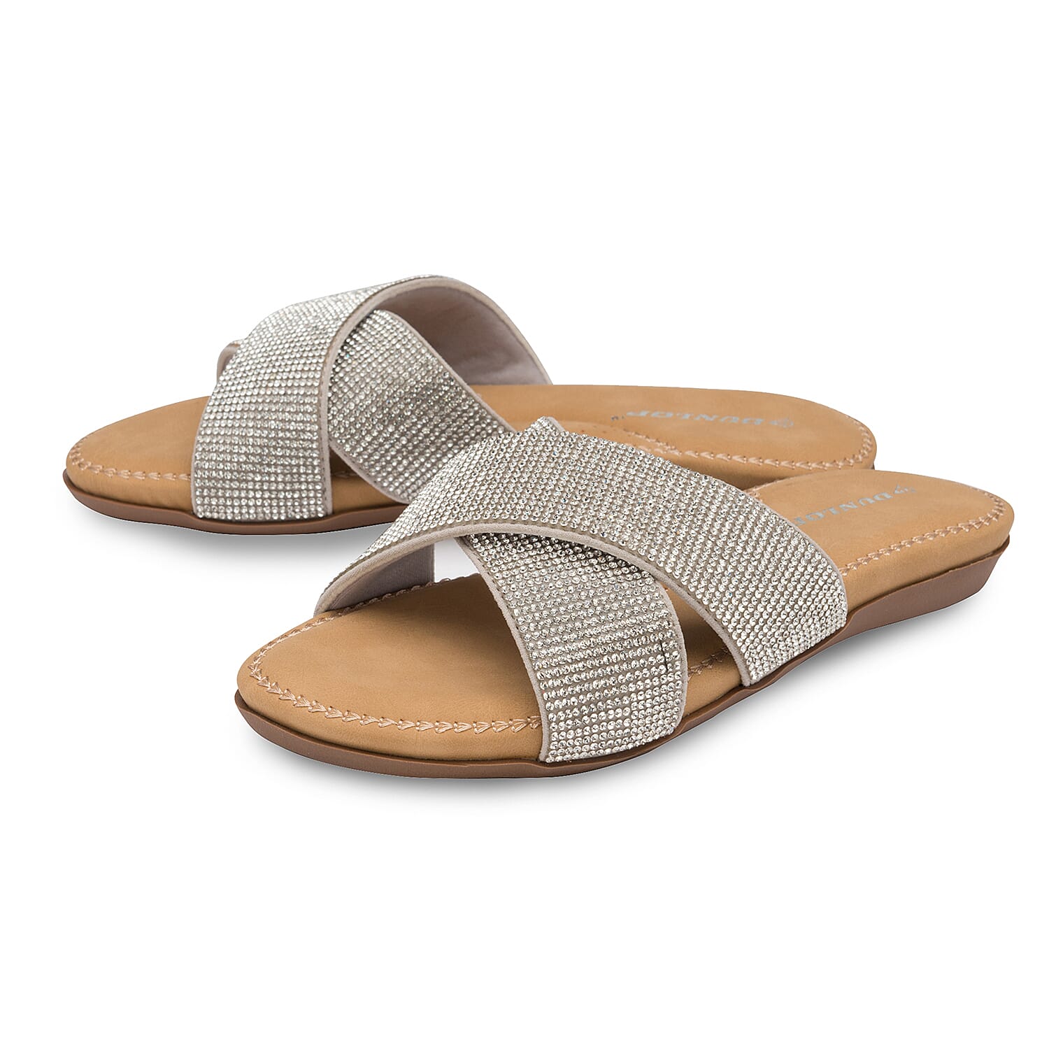 Dunlop Embellished Open Toe Slip on Flat Slider Sandals (Size 3) - Silver