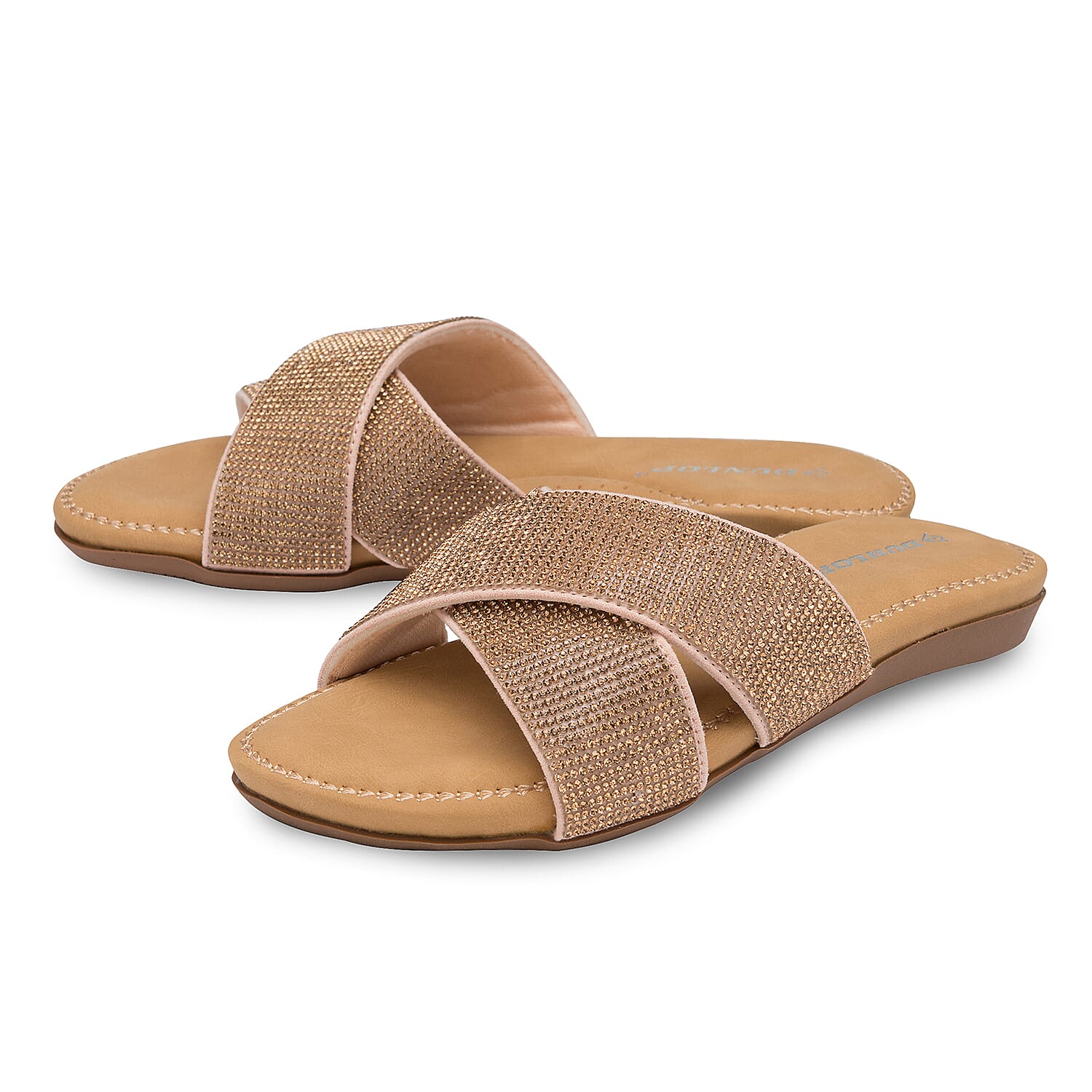 Dunlop Embellished Open Toe Slip on Flat Slider Sandals in Rose Gold