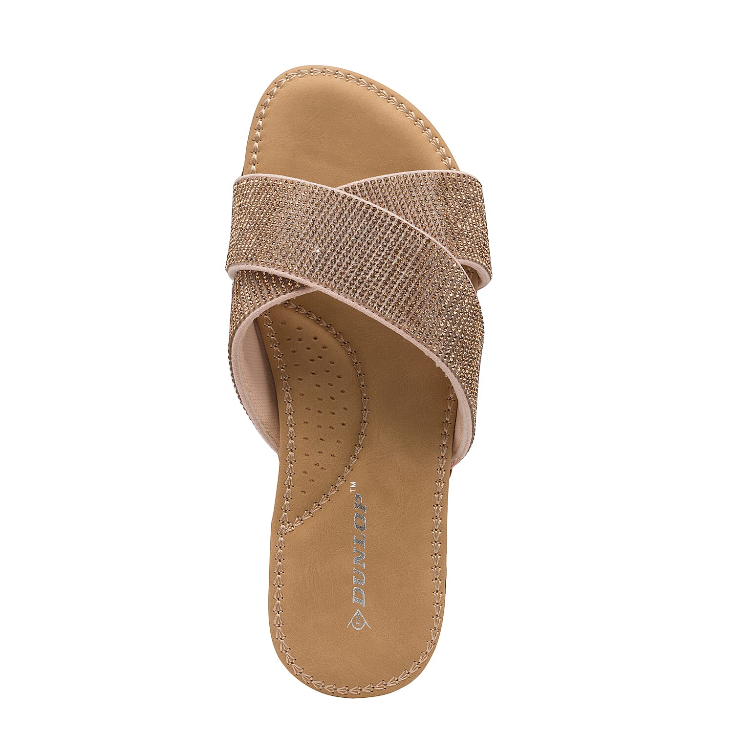 Dunlop Embellished Open Toe Slip on Flat Slider Sandals in Rose Gold