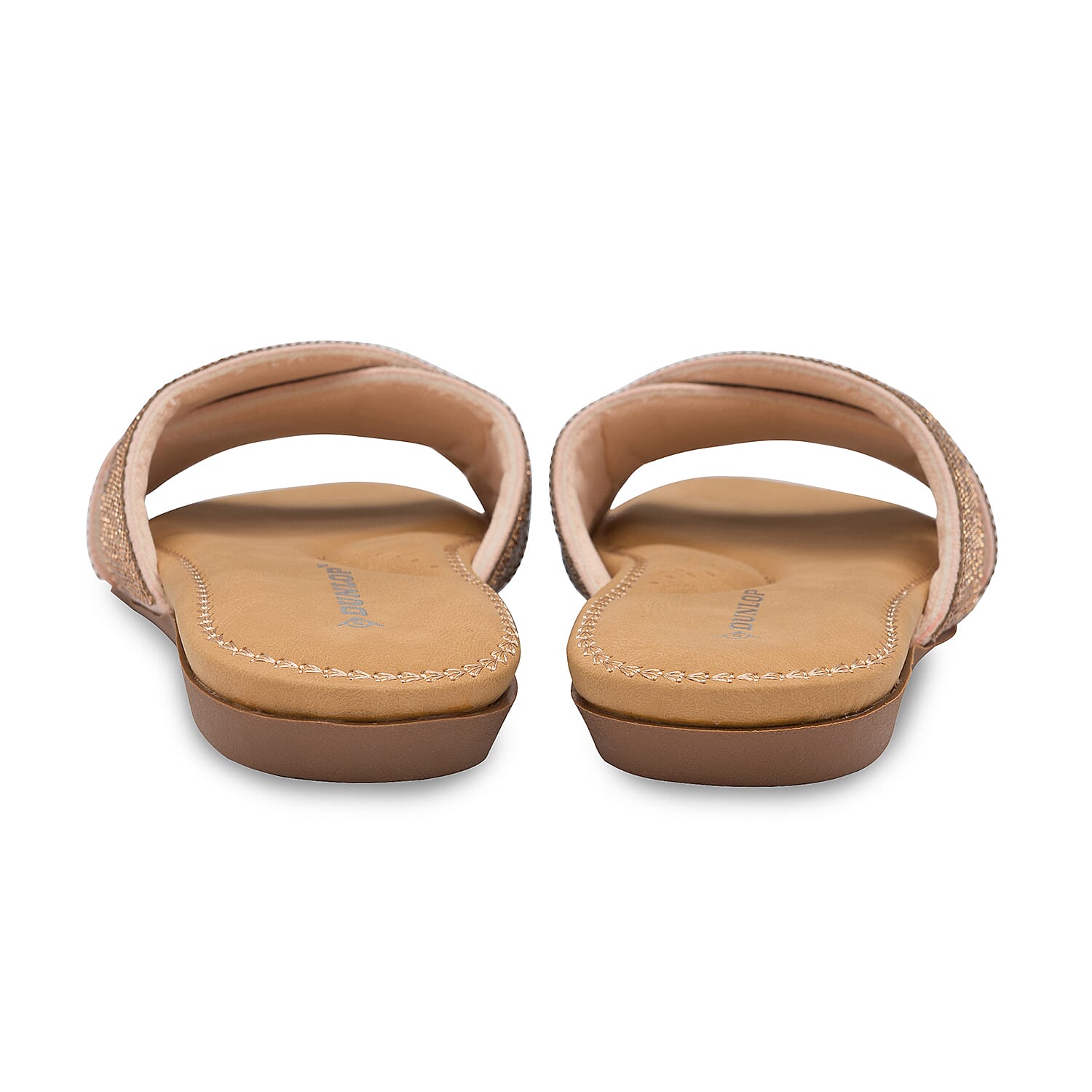 Dunlop Embellished Open Toe Slip on Flat Slider Sandals in Rose Gold
