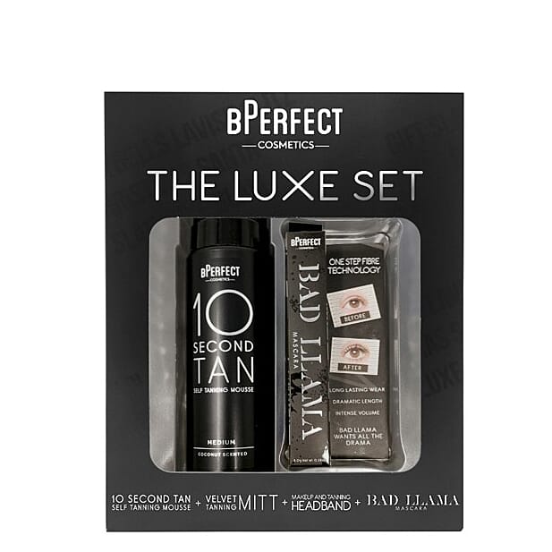 BPerfect: 10 Second Tan Self Tanning Mousse (Medium - Coconut Scented) Velvet Tanning Mitt, Bad Llama Mascara, Makeup and Tanning Headband