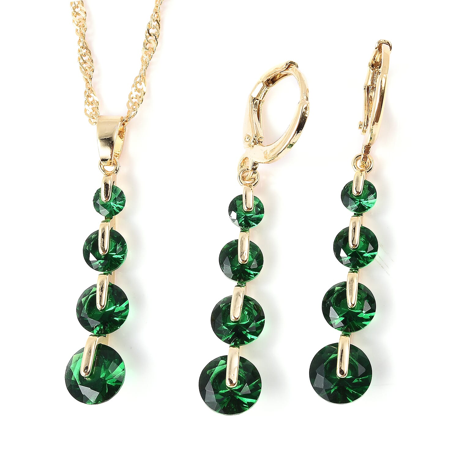 2 Piece Set - Simulated Emerald Pendant with Chain (Size 20 with 2 inch Extender) and Dangle Lever Back Earrings in Yellow Gold Tone