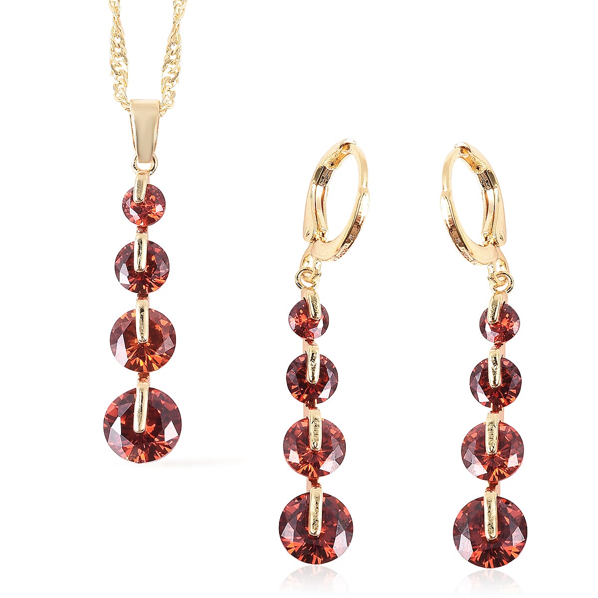 2 Piece Set - Simulated Ruby Pendant with Chain (Size 20 with 2 inch Extender) and Dangle Lever Back Earrings in Yellow Gold Tone