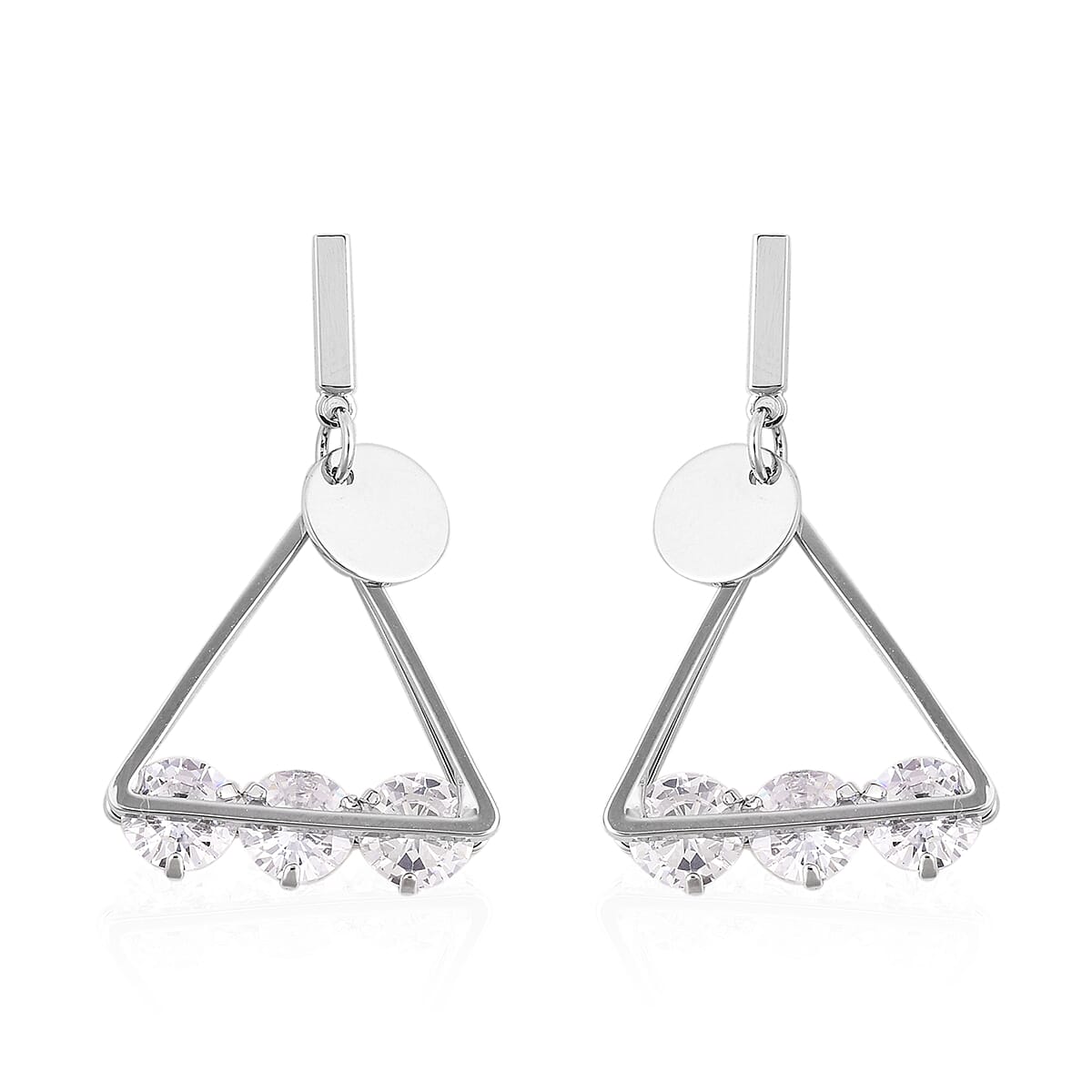 Simulated Diamond (Rnd) Triangle Earrings (with Push Back) in Silver Tone