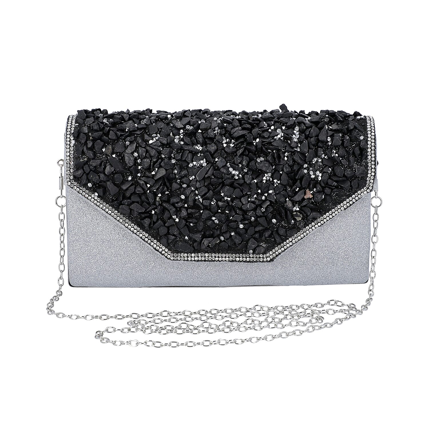 Shungite Clutch Bag with Detachable Chain Strap - Silver