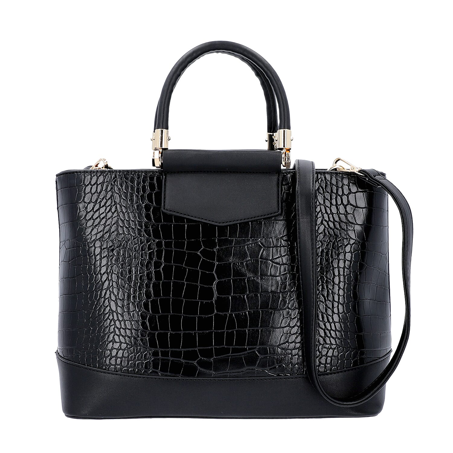 Black Croc Embossed Tote Bag with Adjustable Shoulder Strap (Size 34x12x25 Cm)
