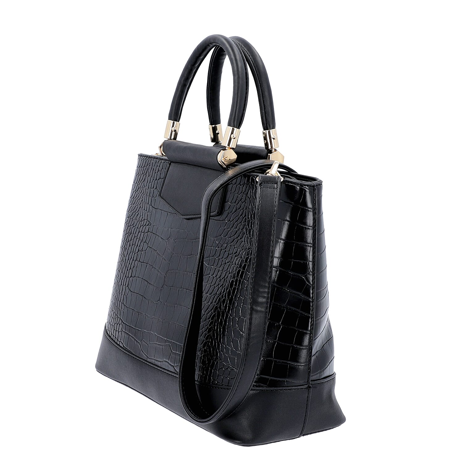 Black Croc Embossed Tote Bag with Adjustable Shoulder Strap (Size 34x12x25 Cm)