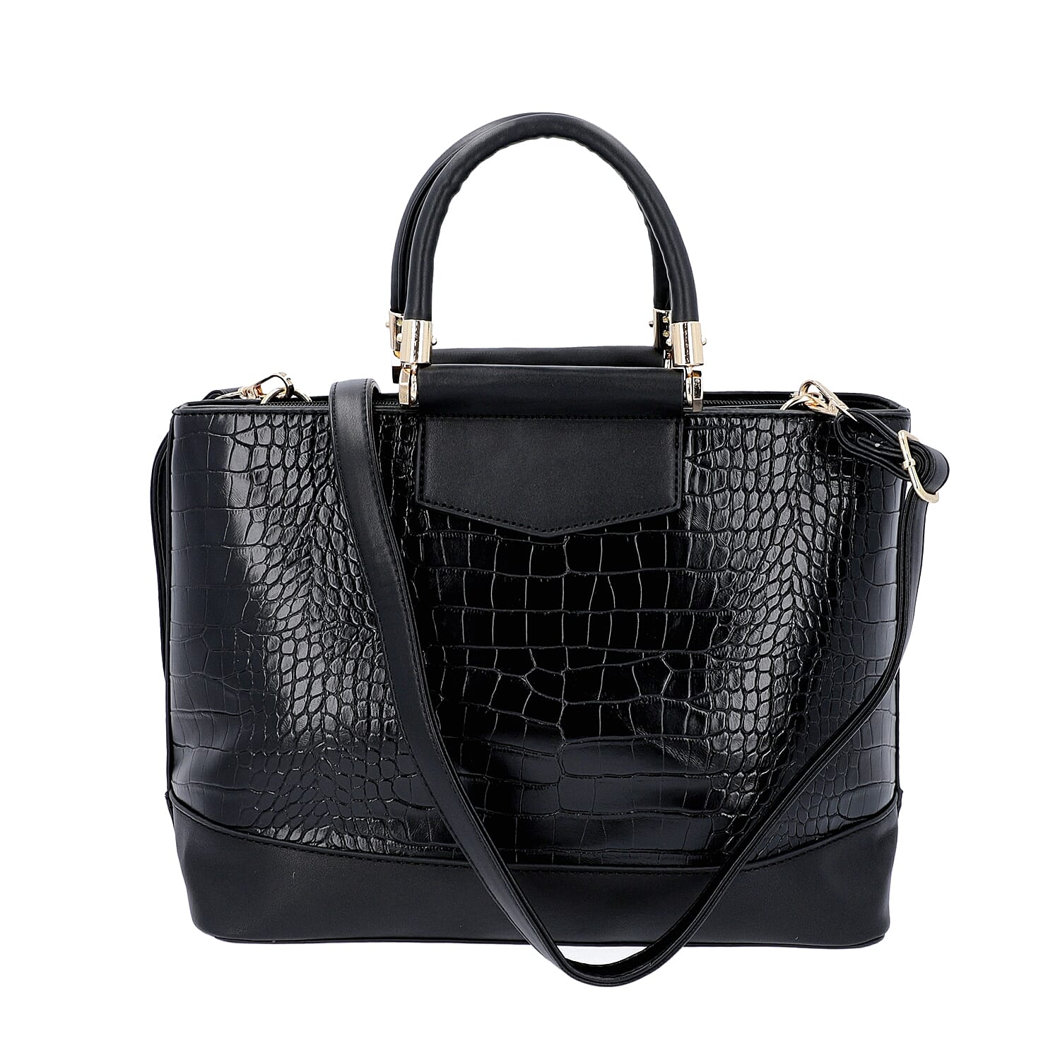Black Croc Embossed Tote Bag with Adjustable Shoulder Strap (Size 34x12x25 Cm)