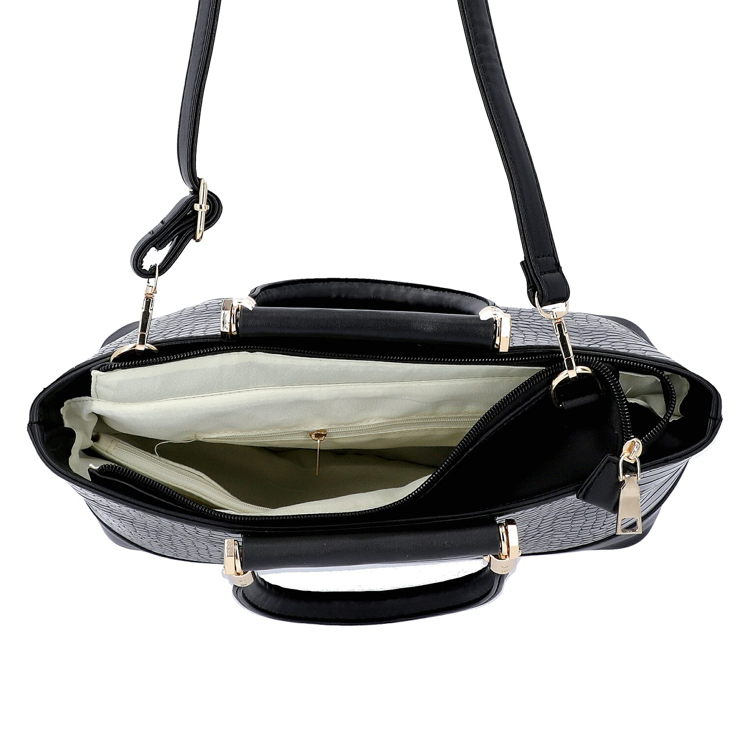 Black Croc Embossed Tote Bag with Adjustable Shoulder Strap (Size 34x12x25 Cm)