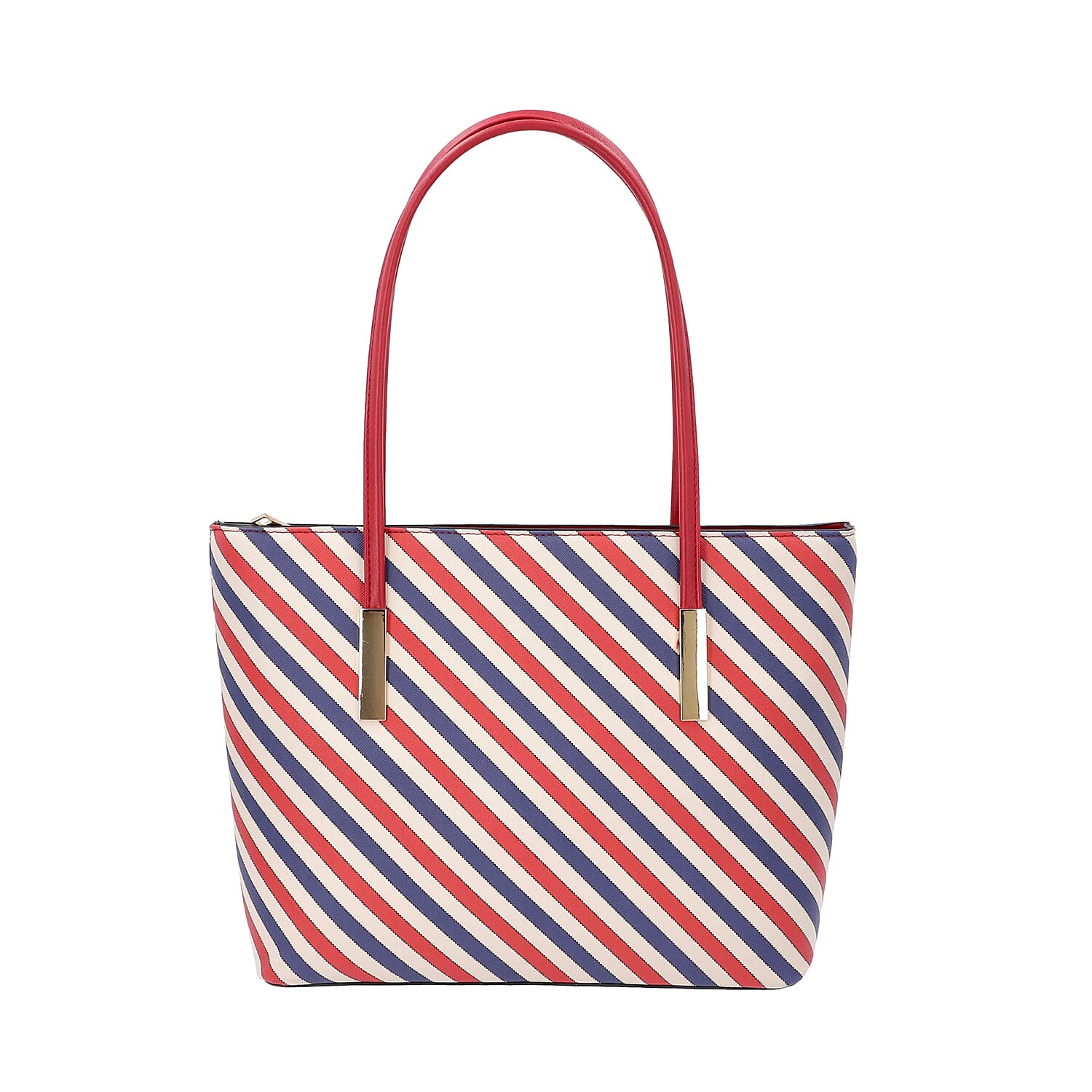 Diagonal Stripe Pattern Tote Bag with Zipper Closure and External Pocket (Size 32x11x26 Cm) - Red, Navy and Multi