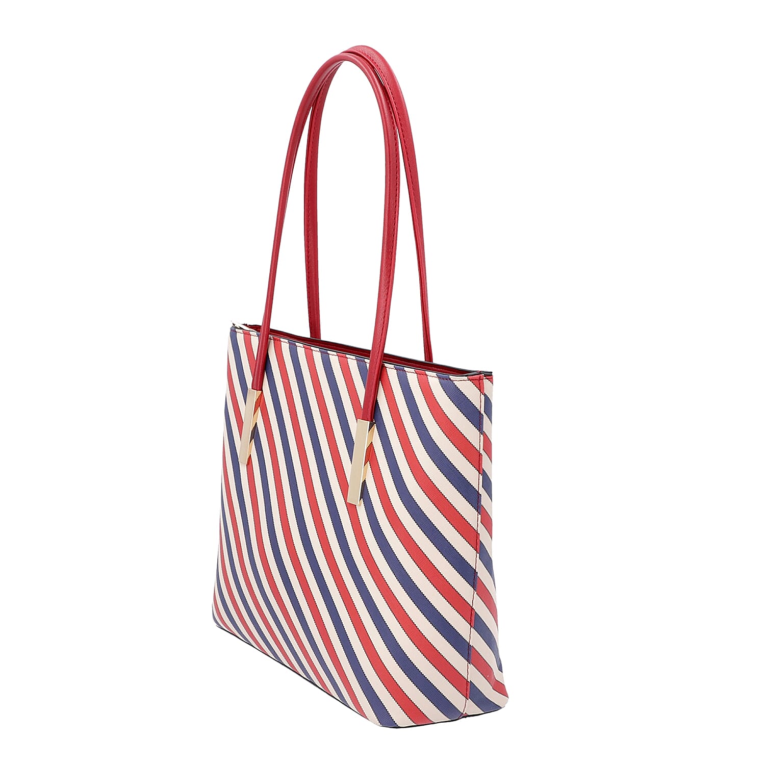 Diagonal Stripe Pattern Tote Bag with Zipper Closure and External Pocket (Size 32x11x26 Cm) - Red, Navy and Multi