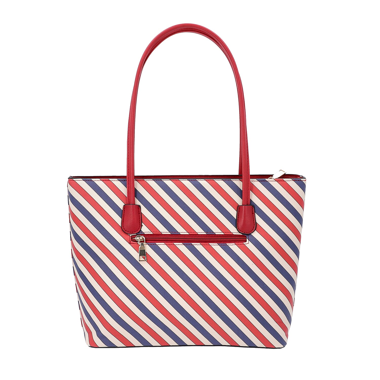 Diagonal Stripe Pattern Tote Bag with Zipper Closure and External Pocket (Size 32x11x26 Cm) - Red, Navy and Multi