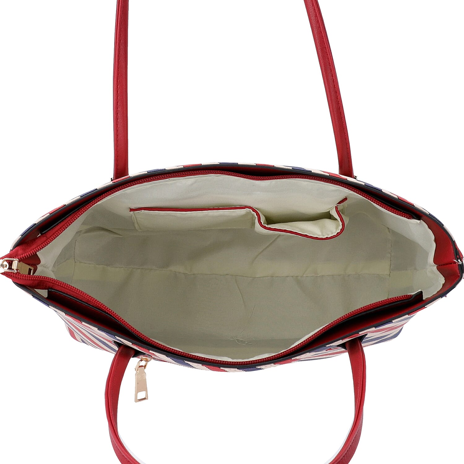 Diagonal Stripe Pattern Tote Bag with Zipper Closure and External Pocket (Size 32x11x26 Cm) - Red, Navy and Multi