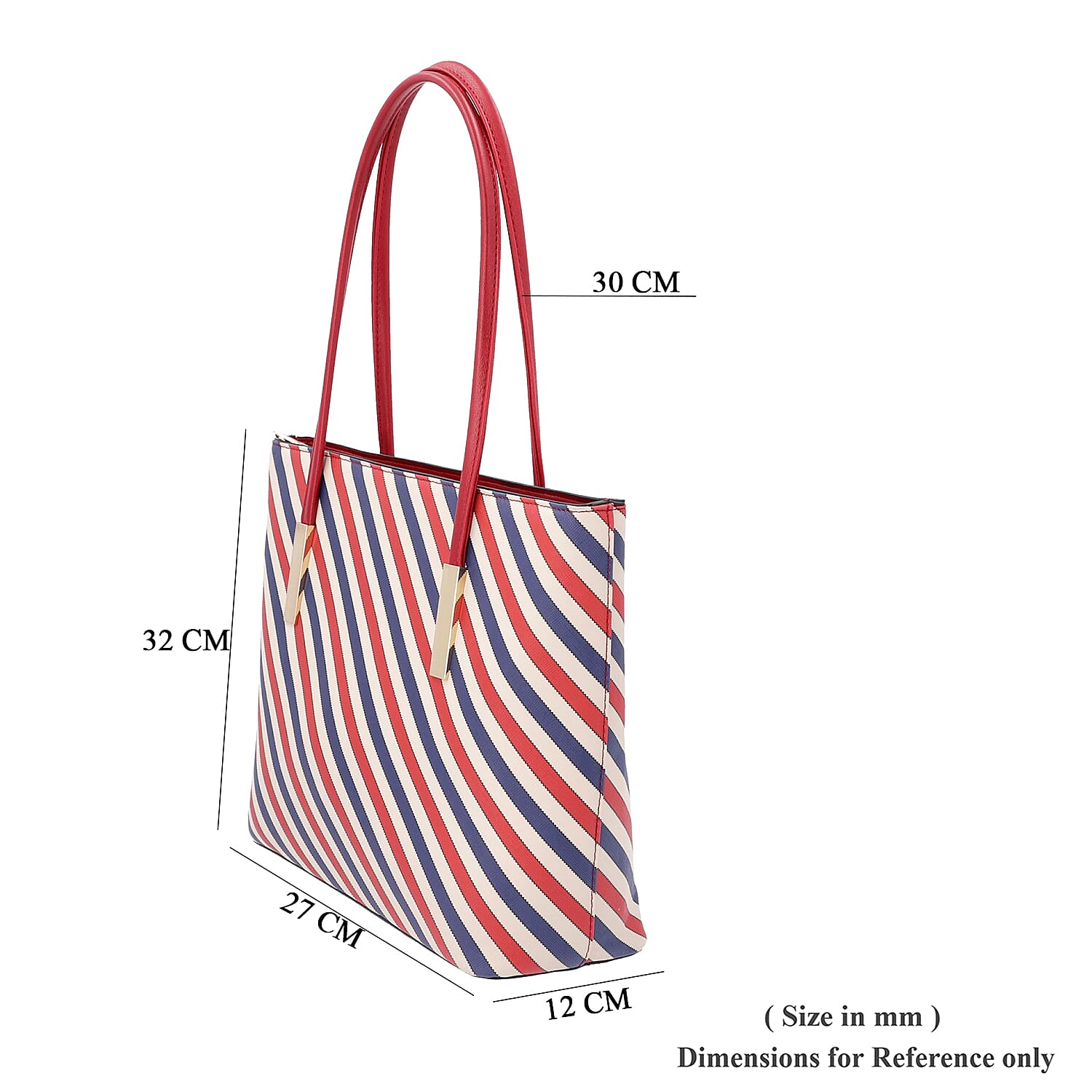 Diagonal Stripe Pattern Tote Bag with Zipper Closure and External Pocket (Size 32x11x26 Cm) - Red, Navy and Multi