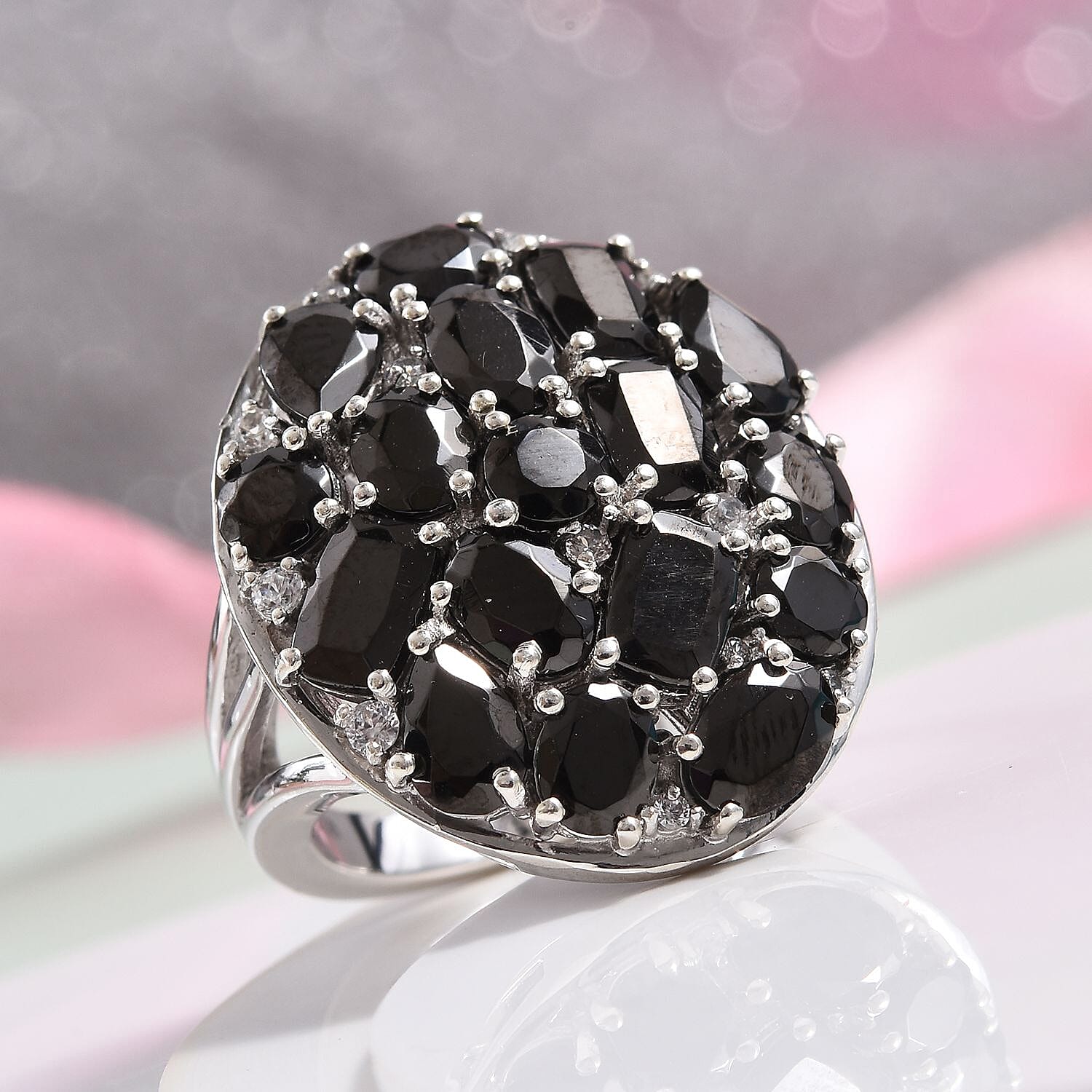 Elite Shungite and Natural Cambodian Zircon Cluster Ring in Platinum Overlay Sterling Silver 5.16 Ct, Silver wt 7.00 Gms
