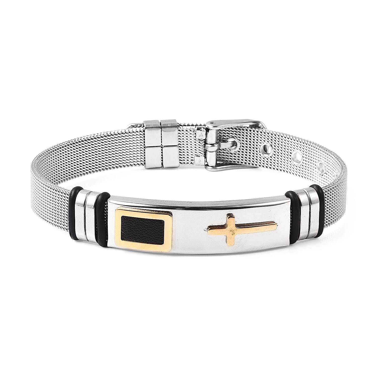 Cross Mens Bracelet (Size 6.5-8.5) with Mesh Chain in Gold and Silver Plated Stainless Steel
