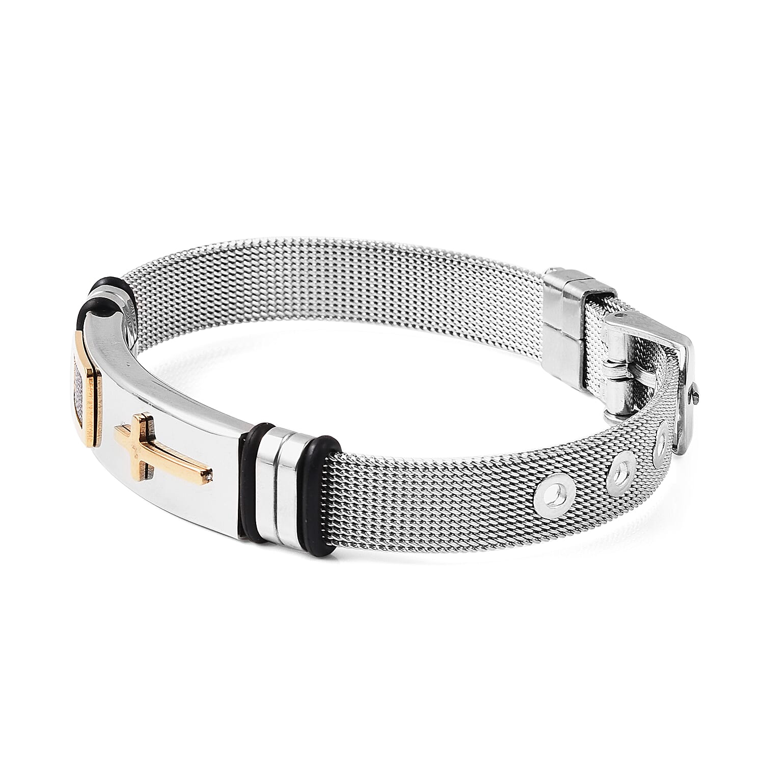 Cross Mens Bracelet (Size 6.5-8.5) with Mesh Chain in Gold and Silver Plated Stainless Steel