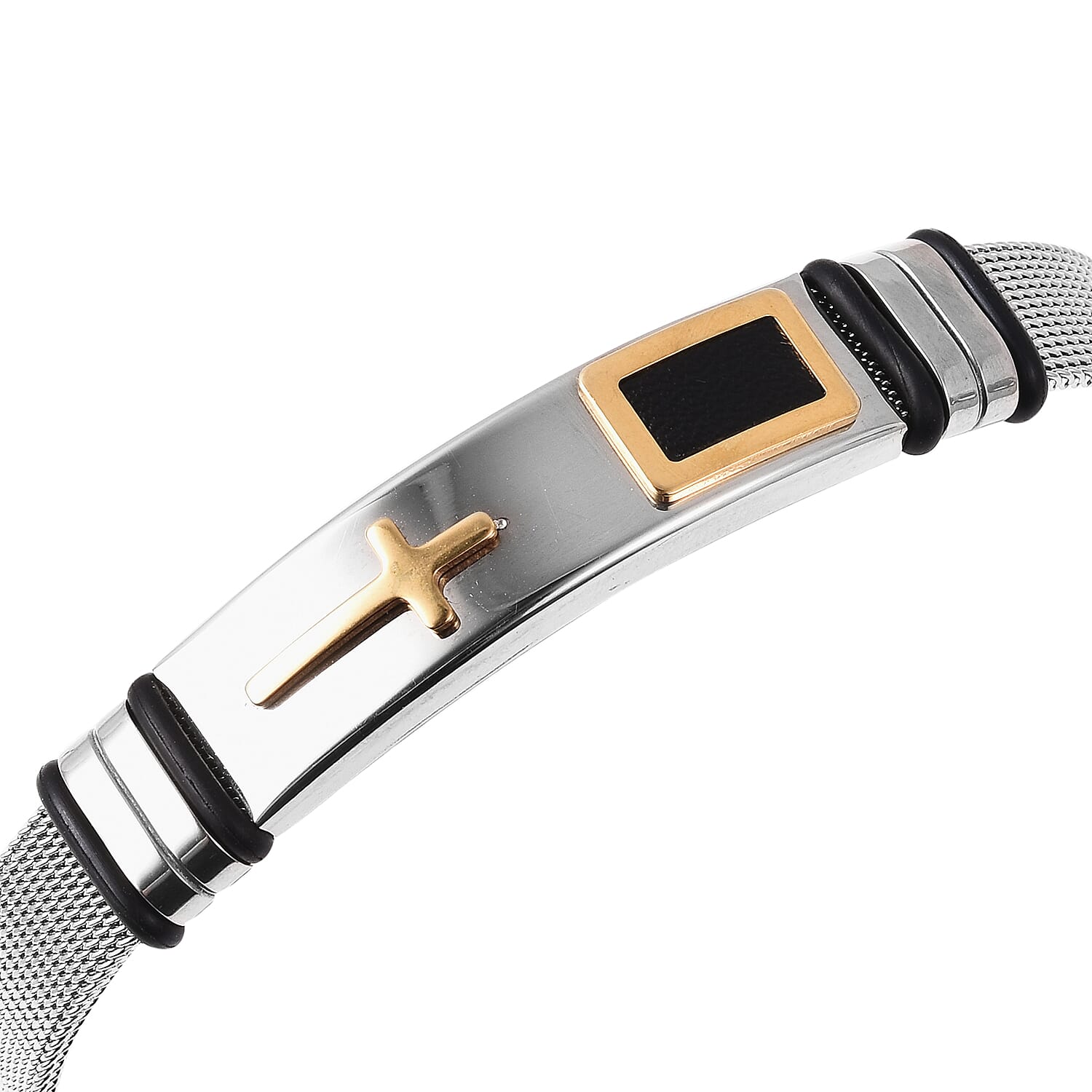 Cross Mens Bracelet (Size 6.5-8.5) with Mesh Chain in Gold and Silver Plated Stainless Steel