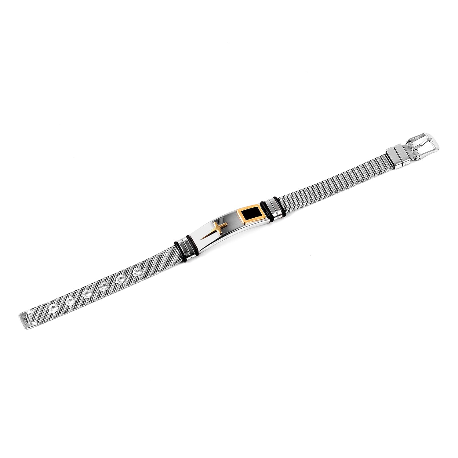 Cross Mens Bracelet (Size 6.5-8.5) with Mesh Chain in Gold and Silver Plated Stainless Steel