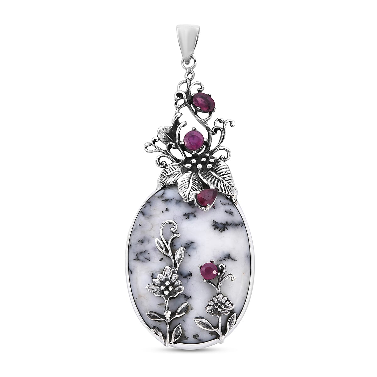 Bali Collection Extremely Rare Size Dendritic Agate and  Ruby Sterling Silver Pendant TGW 100.830 ctw