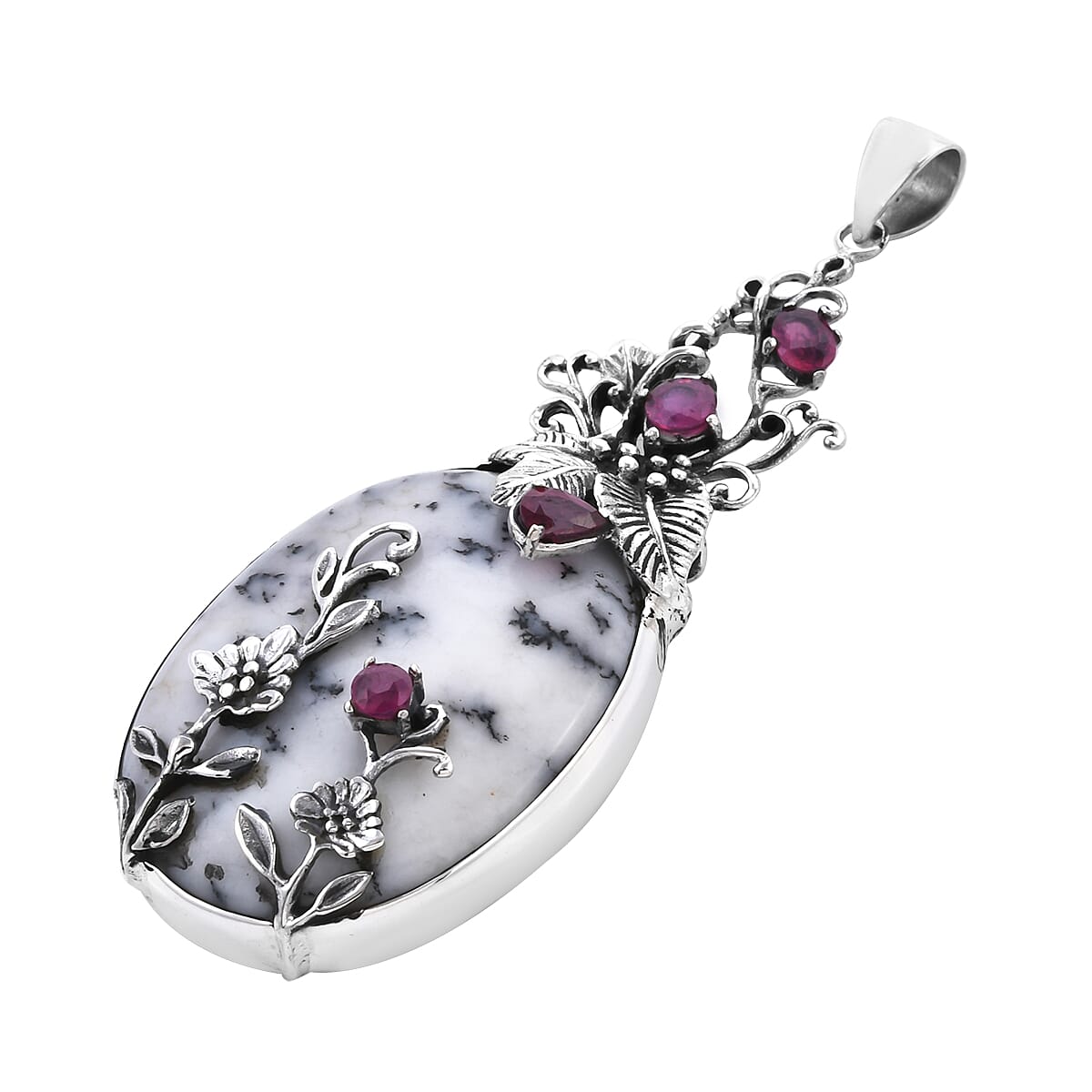 Bali Collection Extremely Rare Size Dendritic Agate and  Ruby Sterling Silver Pendant TGW 100.830 ctw