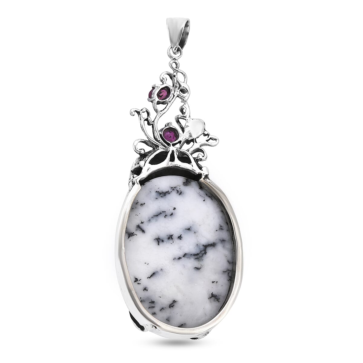 Bali Collection Extremely Rare Size Dendritic Agate and  Ruby Sterling Silver Pendant TGW 100.830 ctw