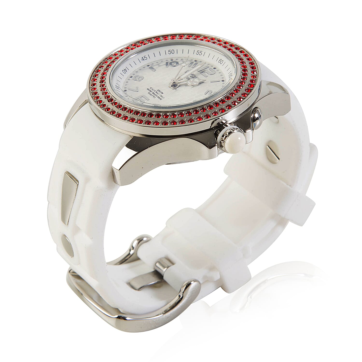 KYBOE Radiant Collection Japanese Movement 100M Water Resistant Spirit LED Watch in Stainless Steel with  Crystals Red and White Strap