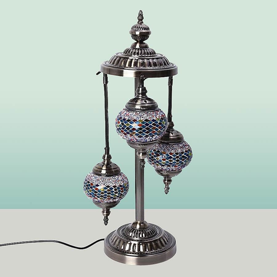 Handmade 3 Ball Turkish Mosaic Crystal Studded Table Lamp (Size 21x68 Cm) - Blue, Red and Multi
