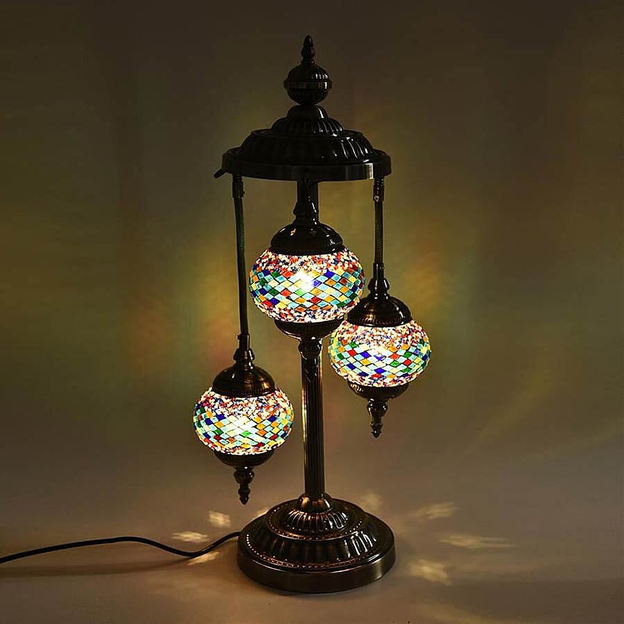 Handmade 3 Ball Turkish Mosaic Crystal Studded Table Lamp (Size 21x68 Cm) - Blue, Red and Multi
