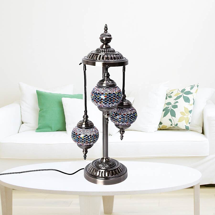 Handmade 3 Ball Turkish Mosaic Crystal Studded Table Lamp (Size 21x68 Cm) - Blue, Red and Multi