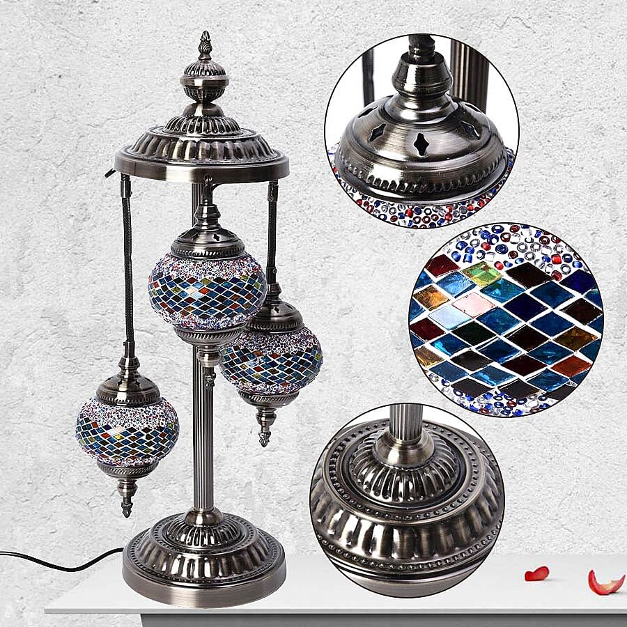 Handmade 3 Ball Turkish Mosaic Crystal Studded Table Lamp (Size 21x68 Cm) - Blue, Red and Multi