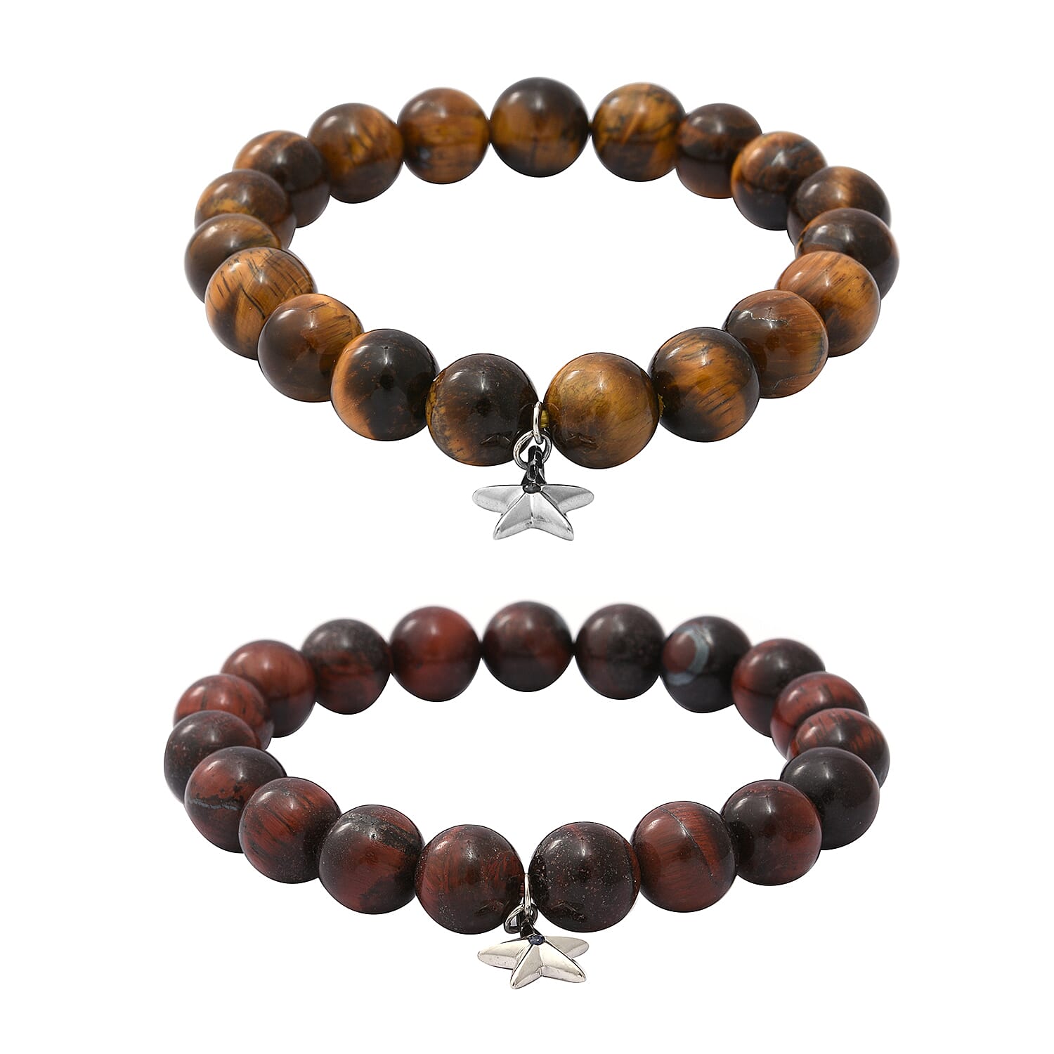 GP- 2 Piece Set Yellow and Red Tiger Eye and Blue Sapphire Stretchable Bracelet (Size 7-8) with Star Charm in Sterling Silver 288.6 Ct.