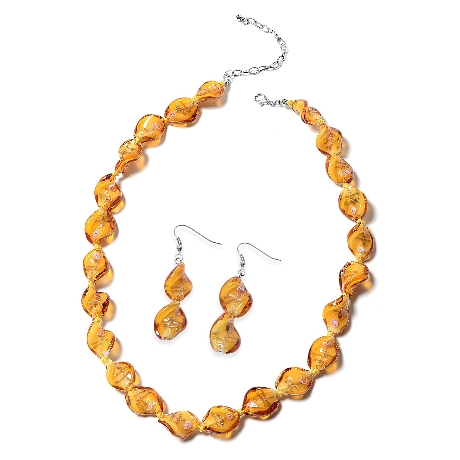 2 Piece Set - Champagne Colour Murano Glass Beads Necklace (Size 20 with 3 inch Extender) and Hook Earrings in Stainless Steel