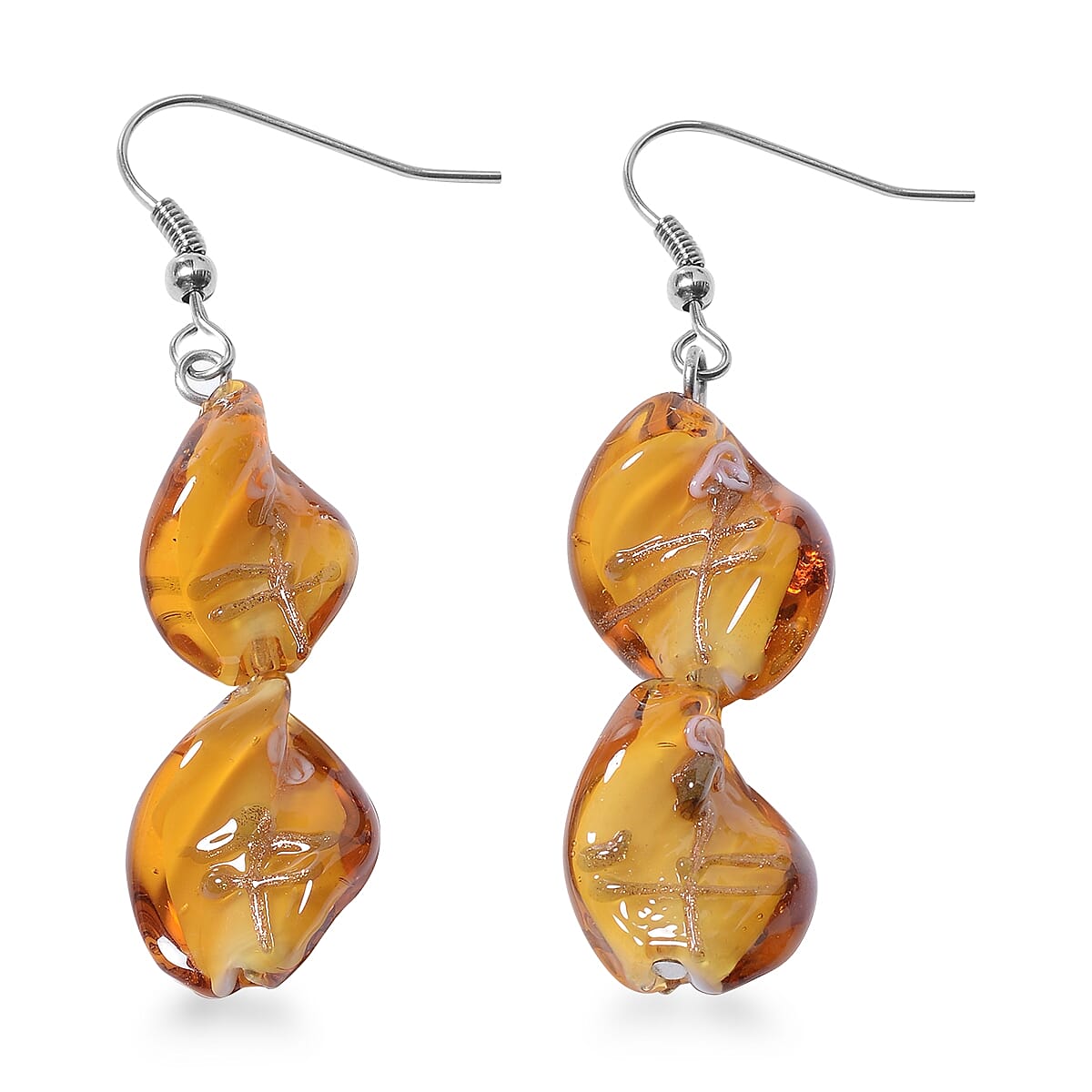 2 Piece Set - Champagne Colour Murano Glass Beads Necklace (Size 20 with 3 inch Extender) and Hook Earrings in Stainless Steel