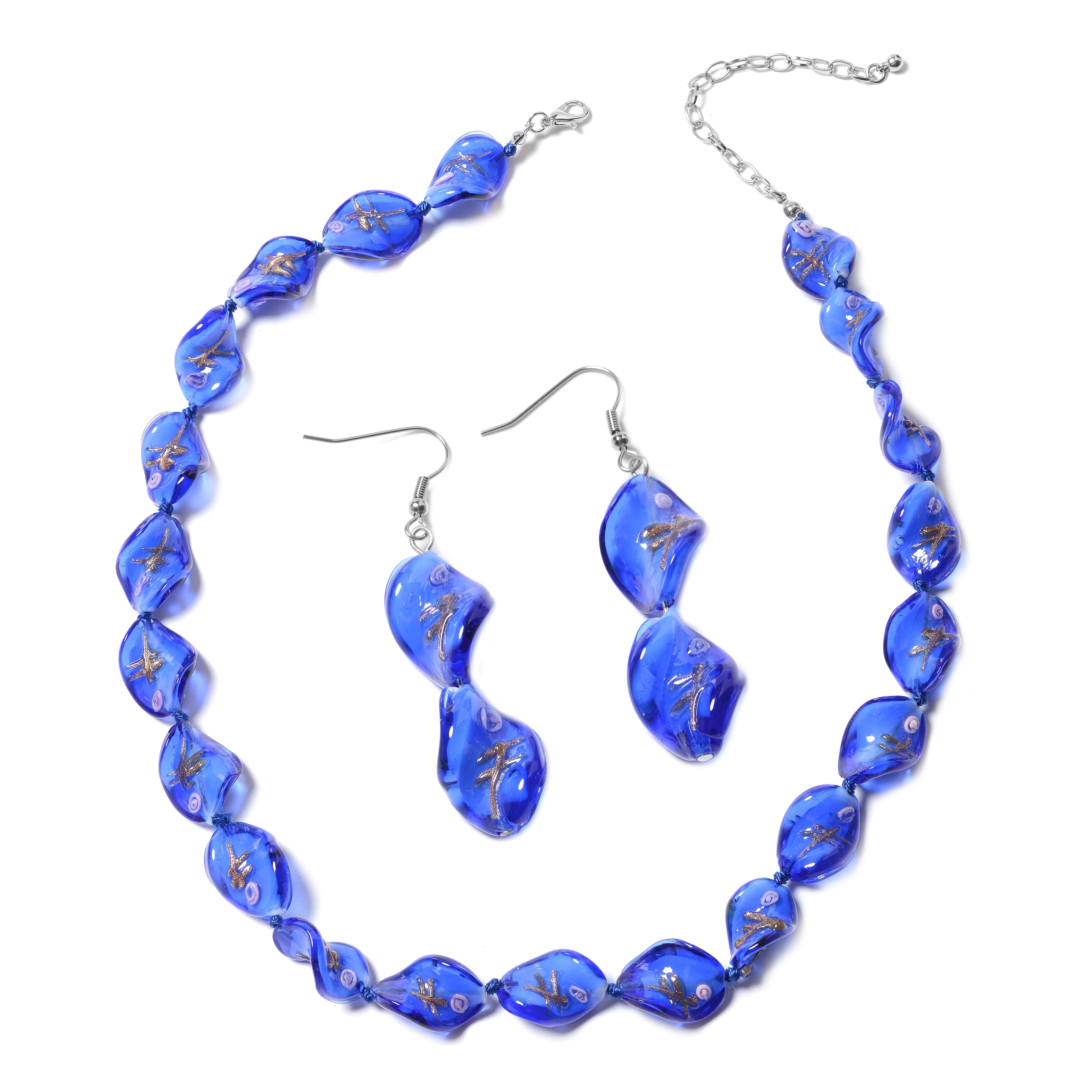 2 Piece Set - Blue Colour Murano Glass Beads Necklace (Size 20 with 3 inch Extender) and Hook Earrings in Stainless Steel