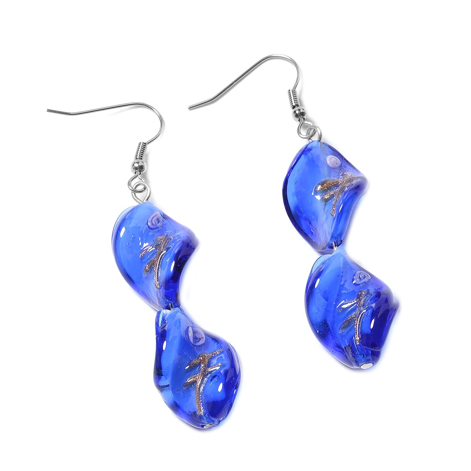 2 Piece Set - Blue Colour Murano Glass Beads Necklace (Size 20 with 3 inch Extender) and Hook Earrings in Stainless Steel