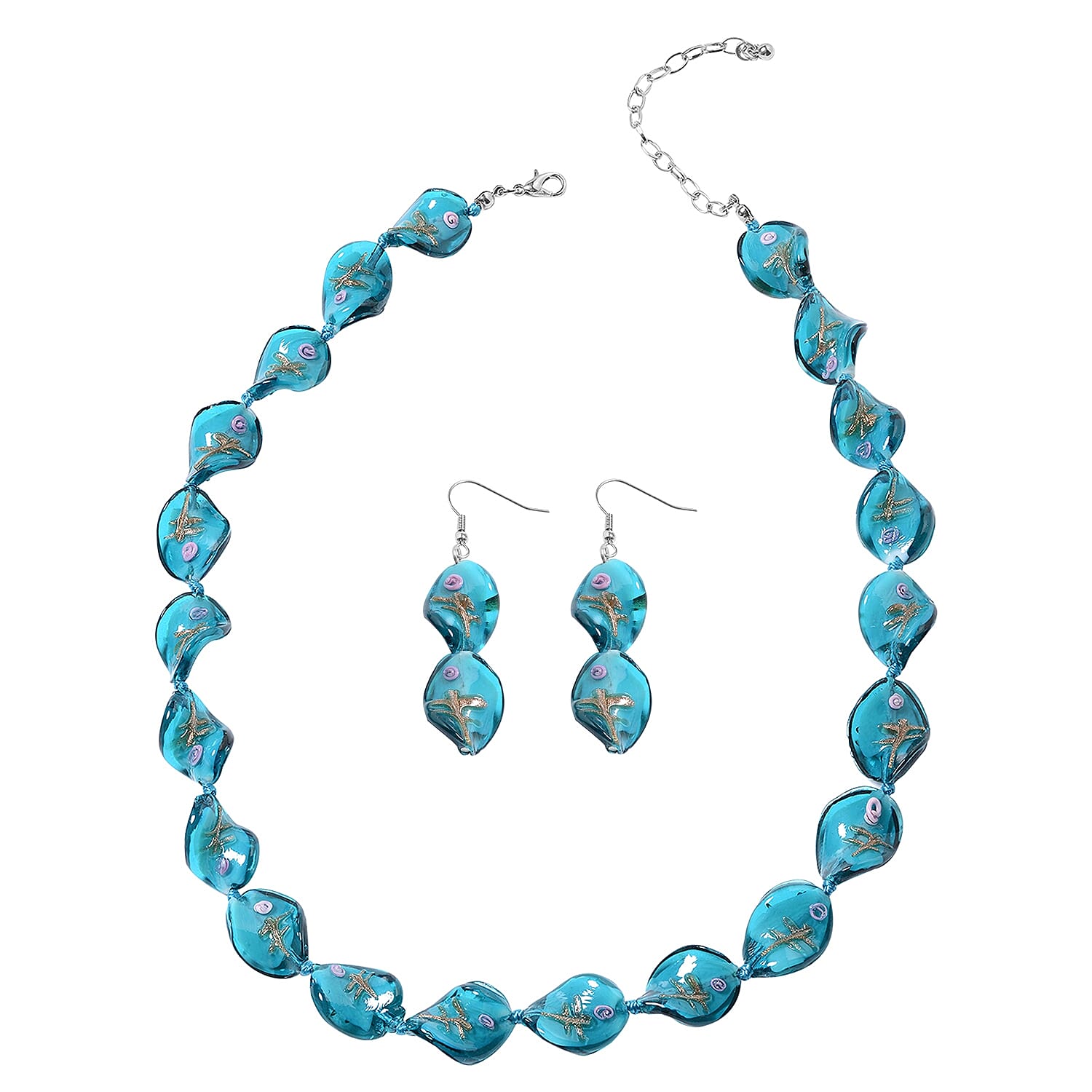 2 Piece Set - Green Colour Murano Glass Beads Necklace (Size 20 with 3 inch Extender) and Hook Earrings in Stainless Steel