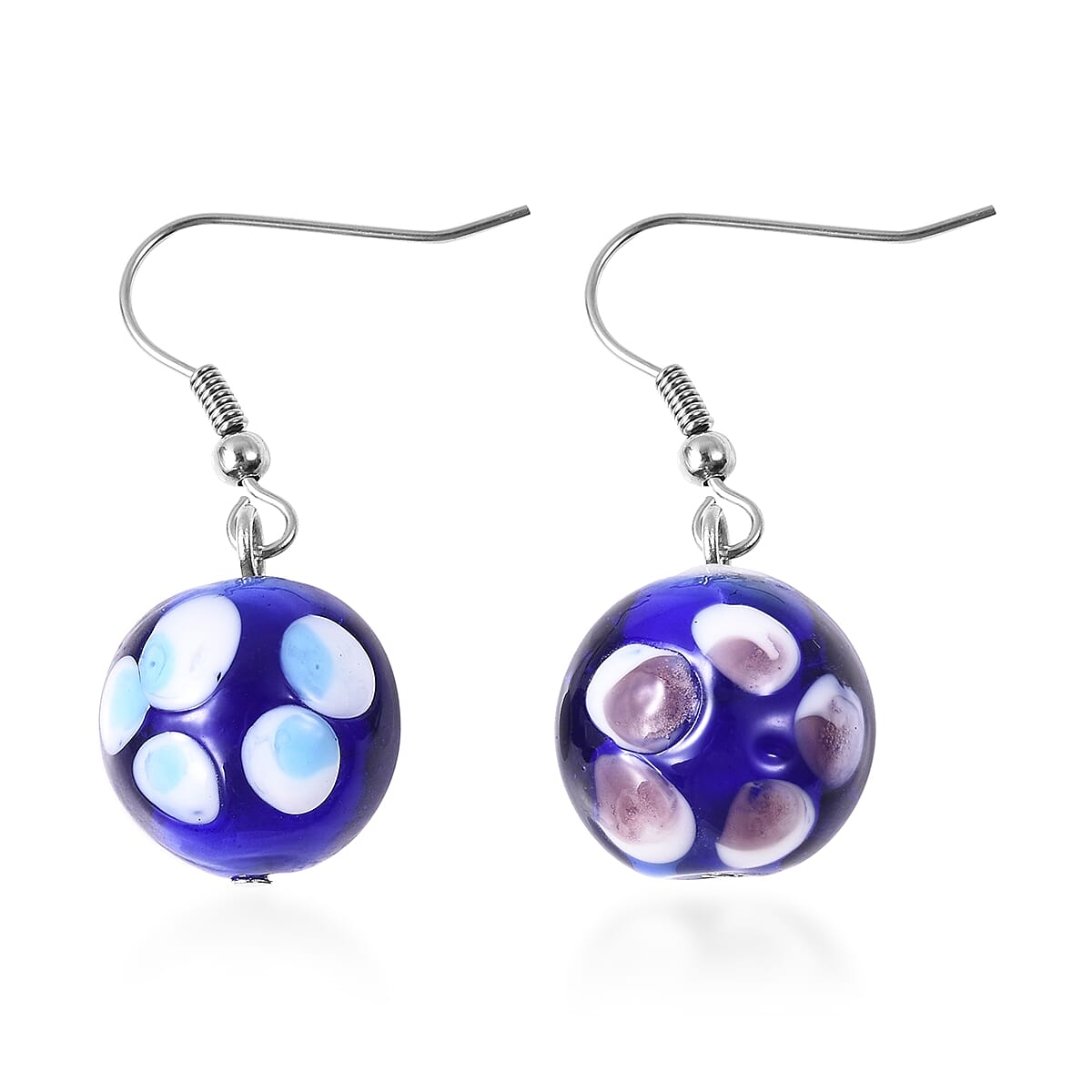 Blue Colour Murano Glass Drop Hook Earrings in Stainless Steel