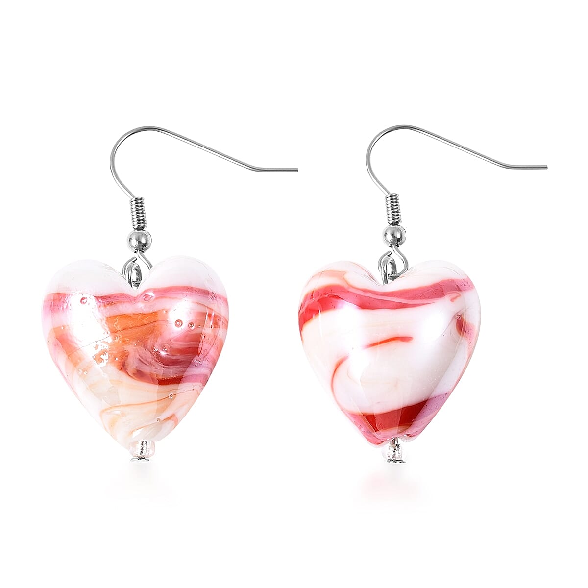 Red Colour Murano Glass Heart Hook Earrings in Rhodium Overlay Sterling Silver