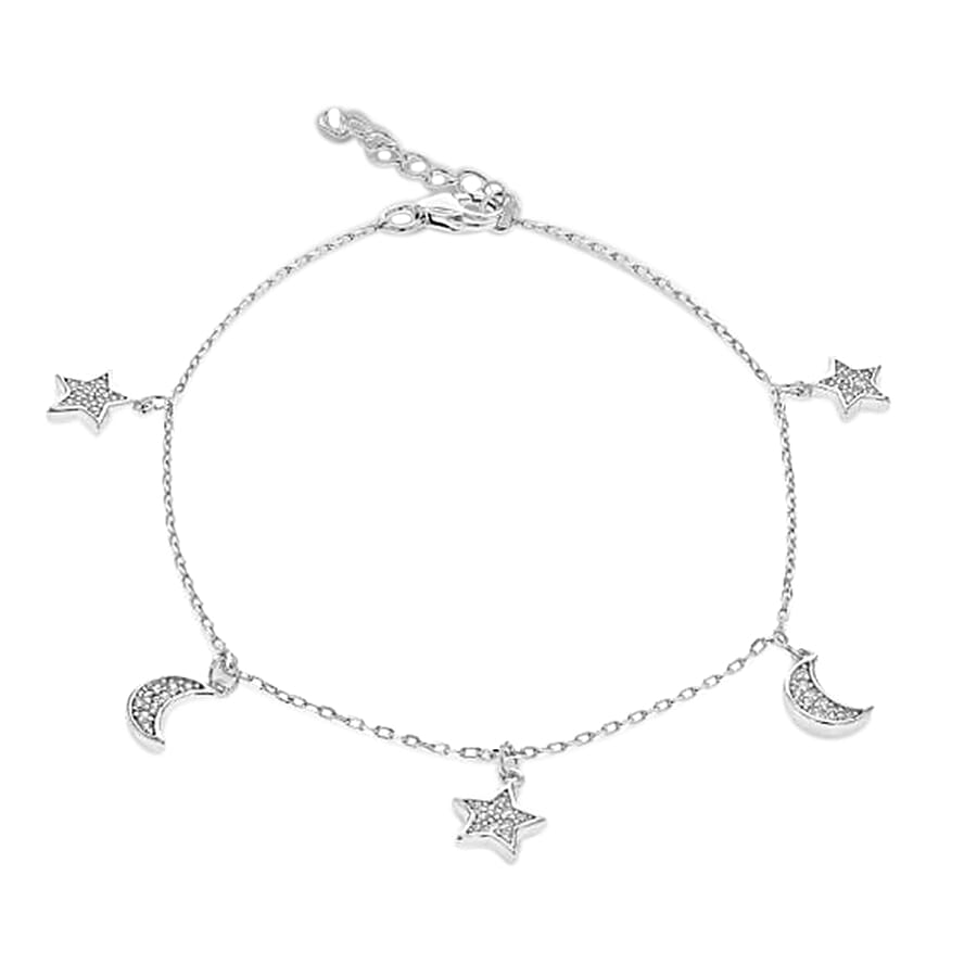 Sterling Silver Adjustable Moon and Star Charm Bracelet (Size 7.5  with 1 inch Extender)