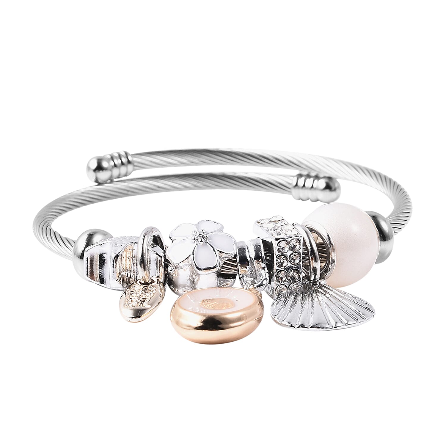 Simulated White Bead and White Austrian Crystal Enamelled Adjustable Charm Bracelet (Size 6-7) in Silver Tone