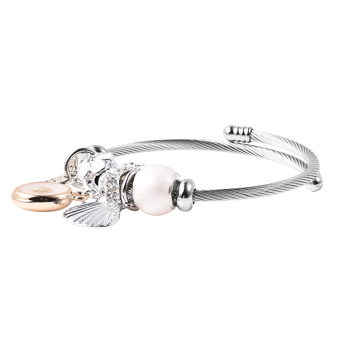 Simulated White Bead and White Austrian Crystal Enamelled Adjustable Charm Bracelet (Size 6-7) in Silver Tone