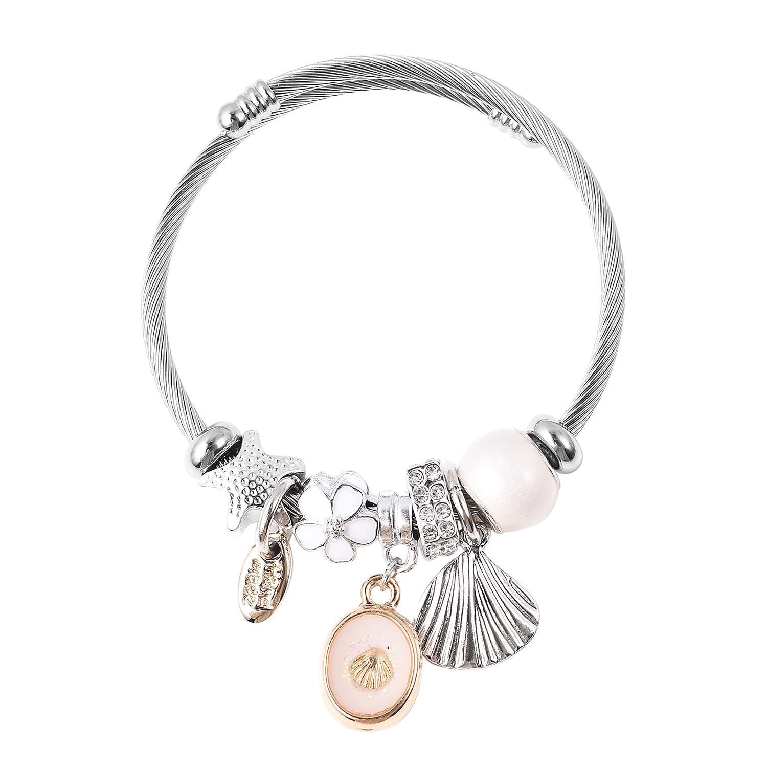 Simulated White Bead and White Austrian Crystal Enamelled Adjustable Charm Bracelet (Size 6-7) in Silver Tone