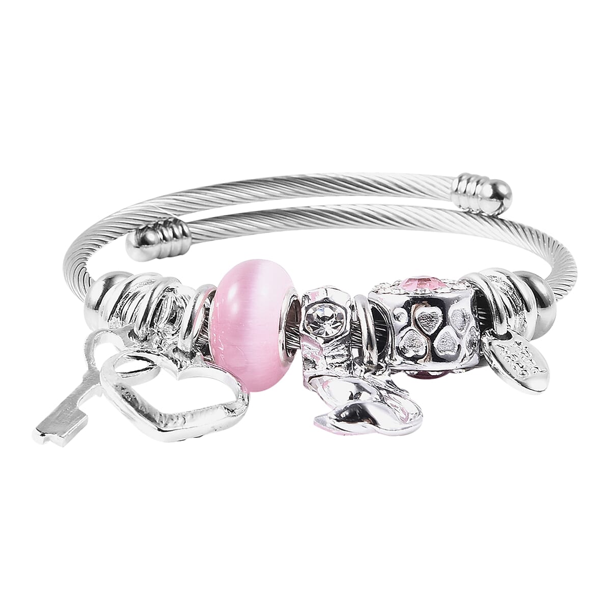 Simulated Pink Cats Eye, Multi Colour Austrian Crystal and Simulated Pink Sapphire Adjustable Charm Bracelet (Size 6-7) in Silver Tone